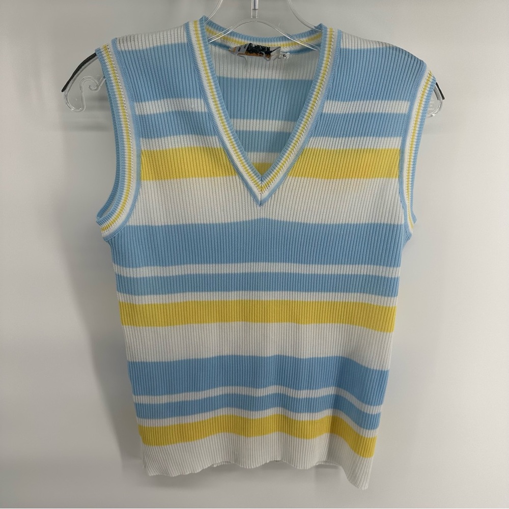 Vintage Joyce 90s 80s Yellow White Blue Ribbed Sleeveless Tank Top Academia L